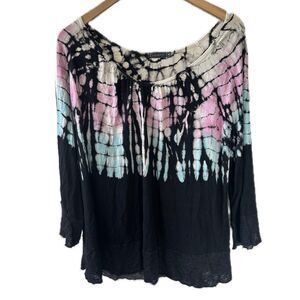 T Party Women's Tie Dye Mix Media Overlock Stitch Hem Bell Sleeve Top M